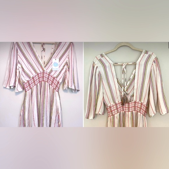 Blue Island Beach Cover Up Size: S Smocked Waist. Open Back with Tie - Picture 3 of 11